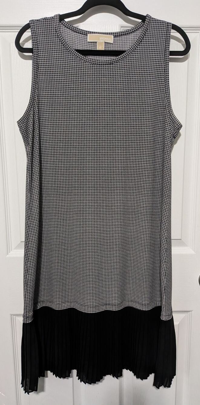 MICHAEL Michael Kors Black White Houndstooth Pleated Drop Hem Tank Dress Size Lg